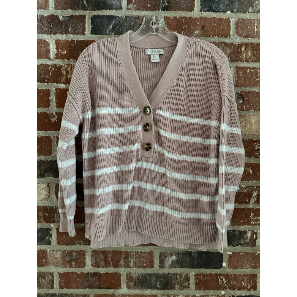 Rachel Zoe Dusky Pink White Striped V-Neck Half Button Front Sweater Size S